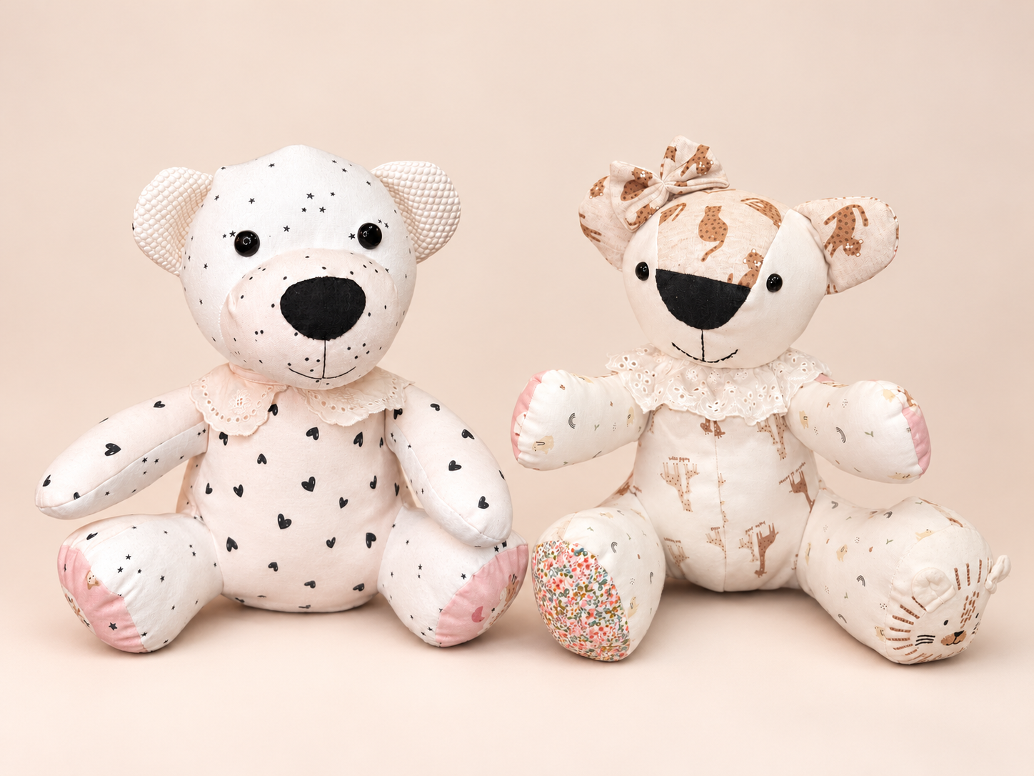 Two handmade memory bears by Marta, together in a studio setting